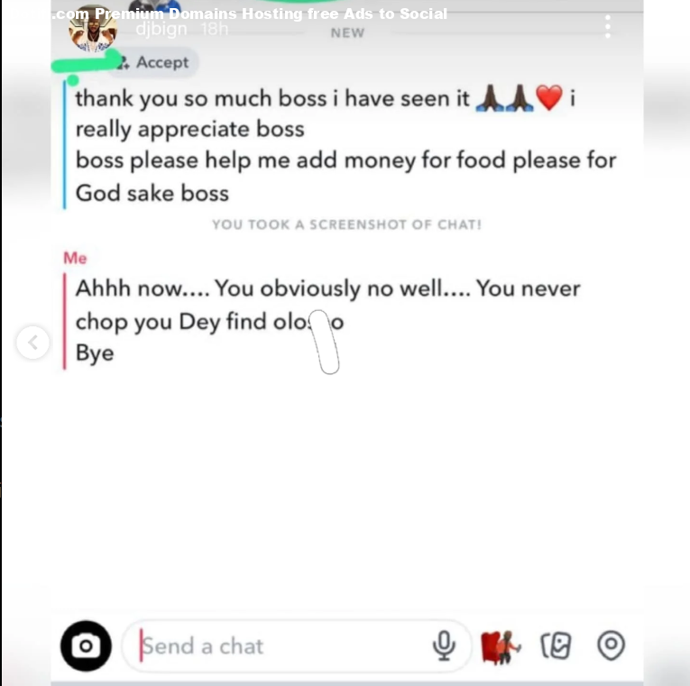 DJ Big N shares hilarious Snapchat conversation with fan begging money for ol*sh*