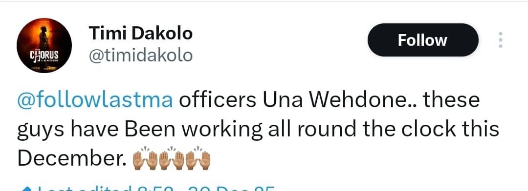 Singer Timi Dakolo claps back after being criticised for praising LASTMA officers