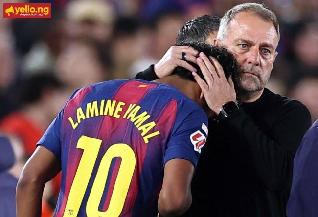 Barcelona's German coach Hans-Dieter Flick hugs Barcelona's Spanish forward #10 Lamine Yamal as he is substituted due to an injury during the Spanish league football match between FC Barcelona and RC Celta de Vigo at Camp Nou stadium in Barcelona on April 22 , 2026.JOSEP LAGO / AFPPhoto by JOSEP LAGO / AFP