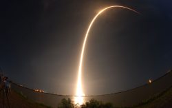 CAPE CANAVERAL, FLORIDA, UNITED STATES - APRIL 7: As seen in a time lapse exposure, a SpaceX Falcon 9 rocket carrying the Intelsat 40e communications satellite launches from pad 40 at Cape Canaveral Space Force Station on April 7, 2023 in Cape Canaveral, Florida. Intelsat 40e hosts NASAs TEMPO (Tropospheric Emissions Monitoring of Pollution instrument), the first space-based instrument to monitor major air pollutants over North America on an hourly basis. (Photo by Paul Hennessy/Anadolu Agency via Getty Images)